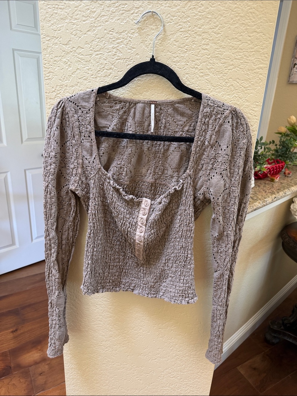Free People Taupe Smocked Button-Front Crop Top